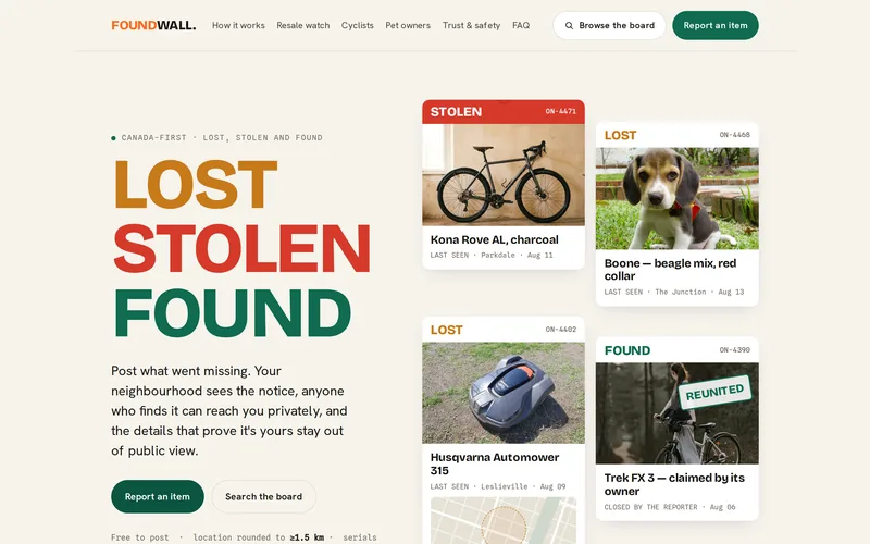 FoundWall homepage at 1440 px: Lost, Stolen, Found headline beside sample notices for a bike, a beagle, a robotic mower and a reunited bike.