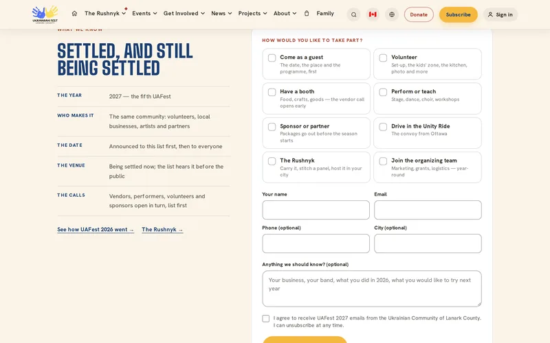UAFest 2027 sign-up page on uafest.ca: one form with participation types for guests, volunteers, vendors, performers, sponsors, Unity Ride drivers, the Rushnyk and the organizing team.